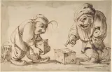 Faustino Bocchi, Two Dwarfs Playing Dice, a Dog at Left (recto); Study of a Leg (verso)