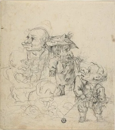 Faustino Bocchi, Five Caricatures of Men (recto); Sketch of Male Figure and Bird (verso)