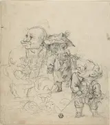 Faustino Bocchi, Five Caricatures of Men (recto); Sketch of Male Figure and Bird (verso)