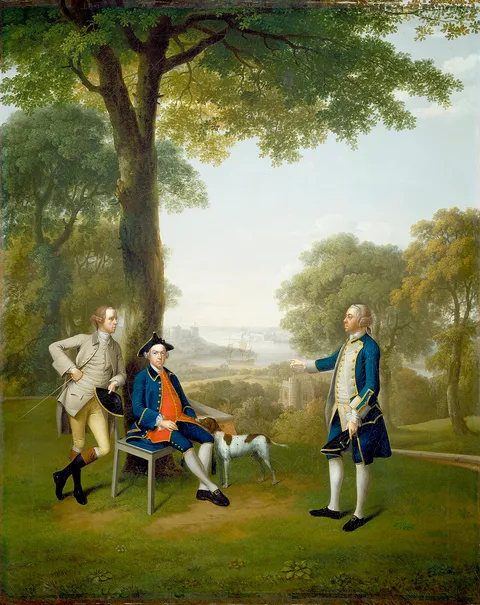 Arthur Devis, Arthur Holdsworth Conversing with Thomas Taylor and Captain Stancombe by the River Dart