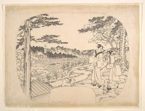 Utagawa Sadahide, Two Women Admiring the Sights from a Vantage Point Overlooking the Zenpukuji Temple