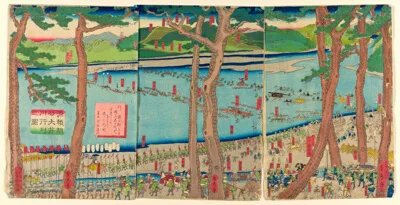 Utagawa Sadahide, Procession of Minamoto no Yoritomo across the Oi River (Minamoto Yoritomo ko Oikawa gyoretsu zu)