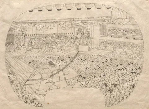 Utagawa Sadahide, Design for Fan-shaped Print of Kabuki Theater