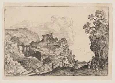 Moses van Uyttenbroeck, Rocky Landscape with Three Travelers