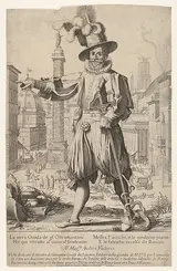 Francesco Villamena, Giovanni Grosso standing on the Quirinal Hill in Rome, with his right arm outstretched and a snake coiled around his foot and sword