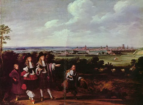 Andreas Stech, Group of men and boys on a stroll in a landscape with the city of Gdansk in the background