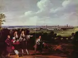 Andreas Stech, Group of men and boys on a stroll in a landscape with the city of Gdansk in the background