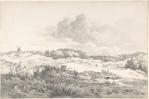 Gerrit Jan Michaëlis, Wooded Dune Landscape near Haarlem, with Windmill and a Pair of Figures
