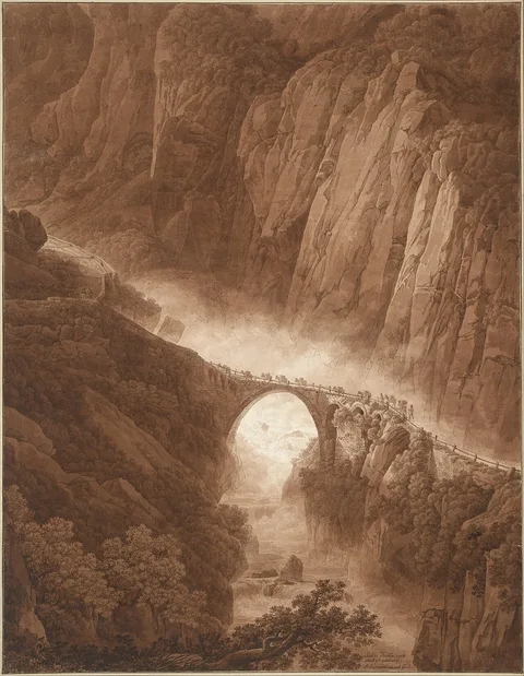 Peter Birmann, The Devil's Bridge in the Schöllenen Gorge on the Way across the St. Gotthard Pass with a Mule Train