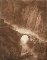 Peter Birmann, The Devil's Bridge in the Schöllenen Gorge on the Way across the St. Gotthard Pass with a Mule Train