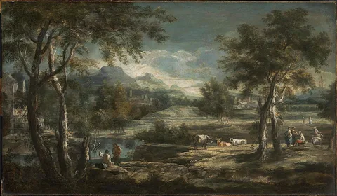 Jacob de Heusch, River Landscape with Mountains