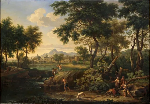 Jacob de Heusch, Southern landscape with waterfall and fishermen