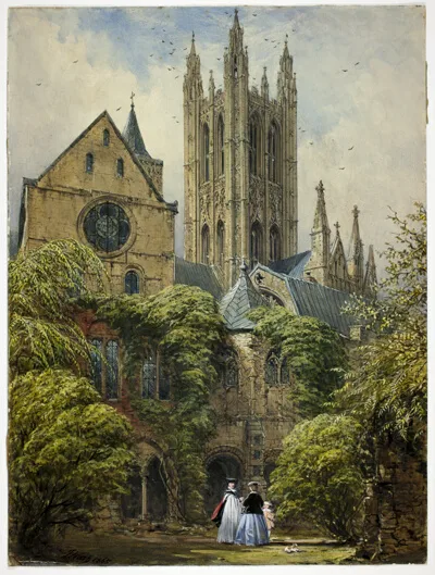 Joseph Nash, Professor, Woman, Child and Dog in Cathedral Close