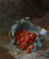 Eloise Harriet Stannard, Still Life with Strawberries in a Cabbage Leaf in a Basket on the Ground