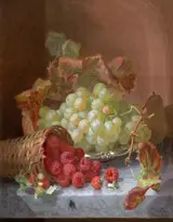 Eloise Harriet Stannard, Still Life of Grapes on a Salver, with Raspberries spilling from a Basket on a Ledge and an Illusionistic Fly