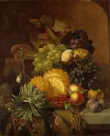 Eloise Harriet Stannard, Fruit: Grapes, Peaches, Plums and Pineapple with a Carafe of Red Wine