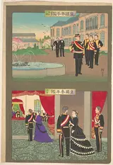 Utagawa Kunisada III, Example of Peaceful Empire – Museum, Congratulatory Palace Visit (Kōkoku Taihei Kagami – Hakubutsukan, Sanga)