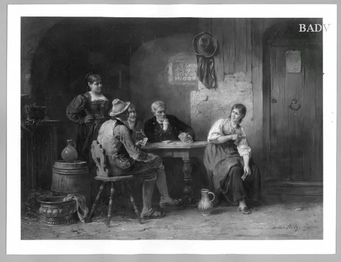 Anton Seitz, 3 men + 2 girls in an inn