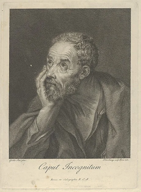 Domenico Cunego, An old bearded man resting his head on his right hand and looking upwards to the left, after Reni