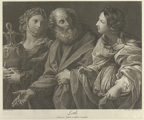 Domenico Cunego, Lot flanked by his two daughters, one of them holding a decorated jug, after Reni