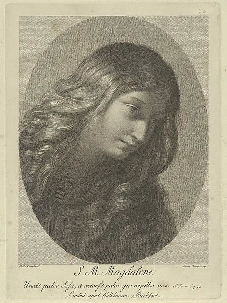 Domenico Cunego, The head of Mary Magdalene looking down to the right, after Reni