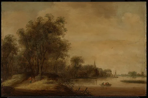 Wouter Knijff, River landscape with a village in the distance
