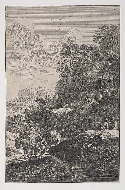 Franz Joachim Beich, Plate 1: a peasant checking the hoof of his mule by a stream, from 'Landscapes in the manner of Salvator Rosa' (Die Landschaften in Sal. Rosa's)