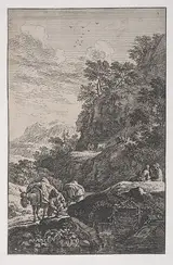 Franz Joachim Beich, Plate 1: a peasant checking the hoof of his mule by a stream, from 'Landscapes in the manner of Salvator Rosa' (Die Landschaften in Sal. Rosa's)