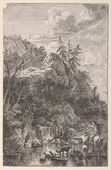 Franz Joachim Beich, Plate 5: female figure on horseback and a male figure with a dog standing in a stream, pointing to a waterfall at left in the background, from 'Landscapes in the manner of Salvator Rosa' (Die Landschaften in Sal. Rosa's)