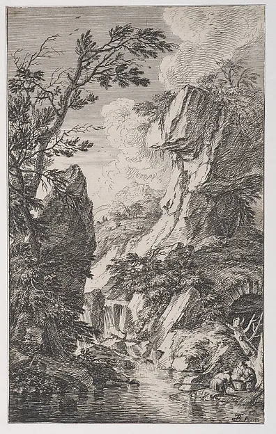Franz Joachim Beich, Plate 4: two fishermen on the bank of a stream at right, a waterfall at center, from 'Landscapes in the manner of Salvator Rosa' (Die Landschaften in Sal. Rosa's)