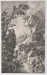 Franz Joachim Beich, Plate 4: two fishermen on the bank of a stream at right, a waterfall at center, from 'Landscapes in the manner of Salvator Rosa' (Die Landschaften in Sal. Rosa's)