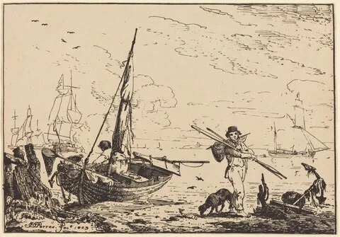 John Thomas Serres, Marine: Fishing Boats on Shore, Man with Oars, Ship in Distance