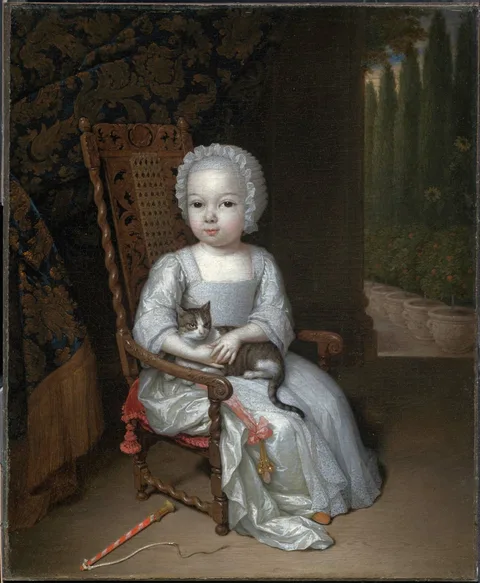 Constantijn Netscher, Portrait of a Young Girl Holding a Cat