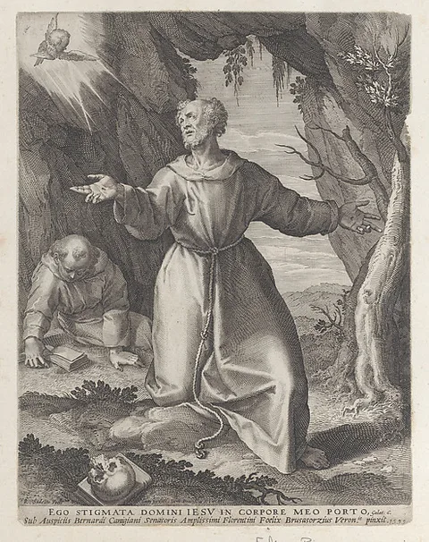 Raphael Sadeler the Elder, Saint Francis kneeling with his arms outstretched, looking towards a cherub at upper left