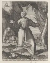 Raphael Sadeler the Elder, Saint Francis kneeling with his arms outstretched, looking towards a cherub at upper left