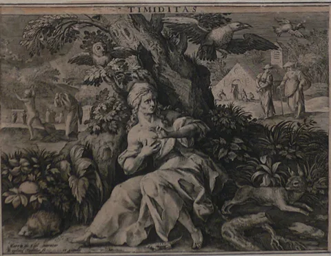 Raphael Sadeler the Elder, Timiditas (fearfulness), after Marten De Vos