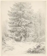 Joseph Mössmer, Boslandschap met dennenbomen en jager