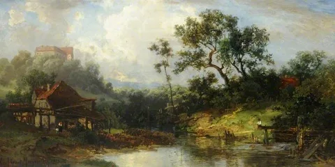 Carl Ernst Morgenstern, Landscape with Peasants by a Pond