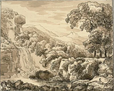 Carl August Lebschée, Mountain Landscape with Waterfall and Figures