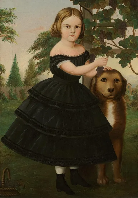 Susan Waters, Portrait of a Girl and Her Dog in a Grape Arbor