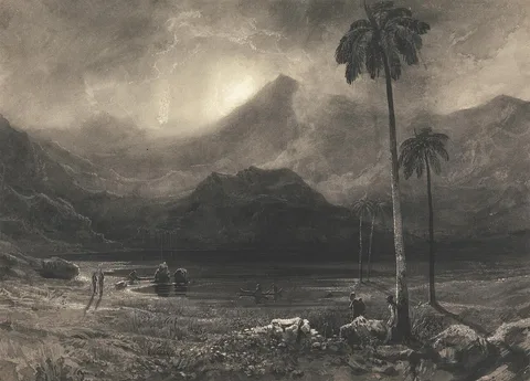William West, A Far Eastern Subject with Palm Trees and Figures on Shore or in Small Rowing Boats