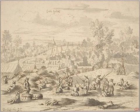 Josua de Grave, Peasants in a Landscape with a Military Camp in Grand-Hallet