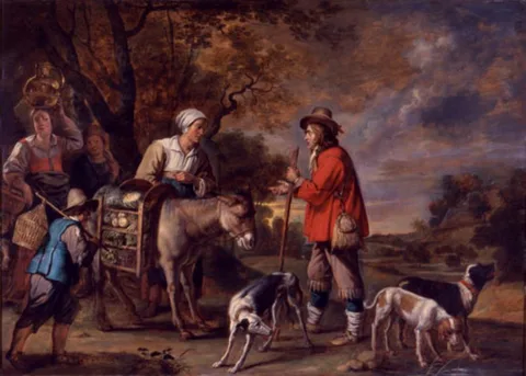 Abraham Willemsens, Landscape with woman selling vegetables to a hunter