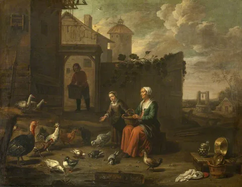 Abraham Willemsens, A Woman and a Girl tending Poultry
