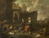 Abraham Willemsens, A Woman and a Girl tending Poultry