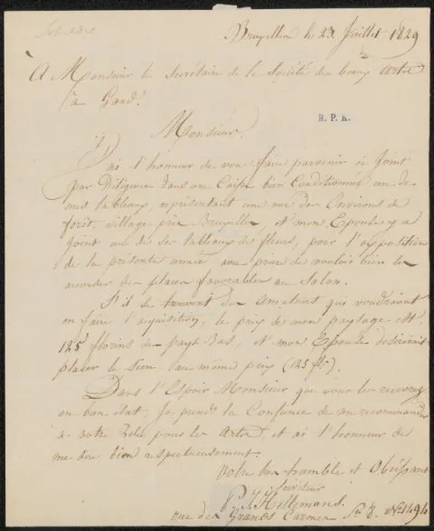 Pierre-Jean Hellemans, Brief aan Pièrre François Antoine De Goesin, secretaris van de Société des arts in Gent