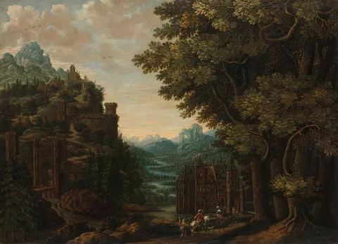 Jan Meerhout, Mountainous landscape with river valley and castles