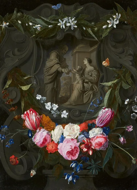 Andries Bosman, St. Anne handing Grapes to the Virgin and Child. Grisaille Cartouche in a Wreath