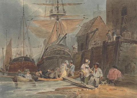 Luke Clennell, Ships at Wharf with Passengers Disembarking