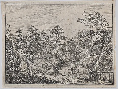 Peter von Bemmel, Forest landscape with a rider conversing with a man at center, a footbridge at right
